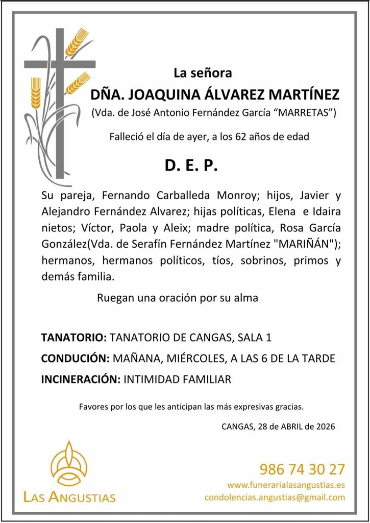 Dña. JOAQUINA ÁLVAREZ MARTÍNEZ